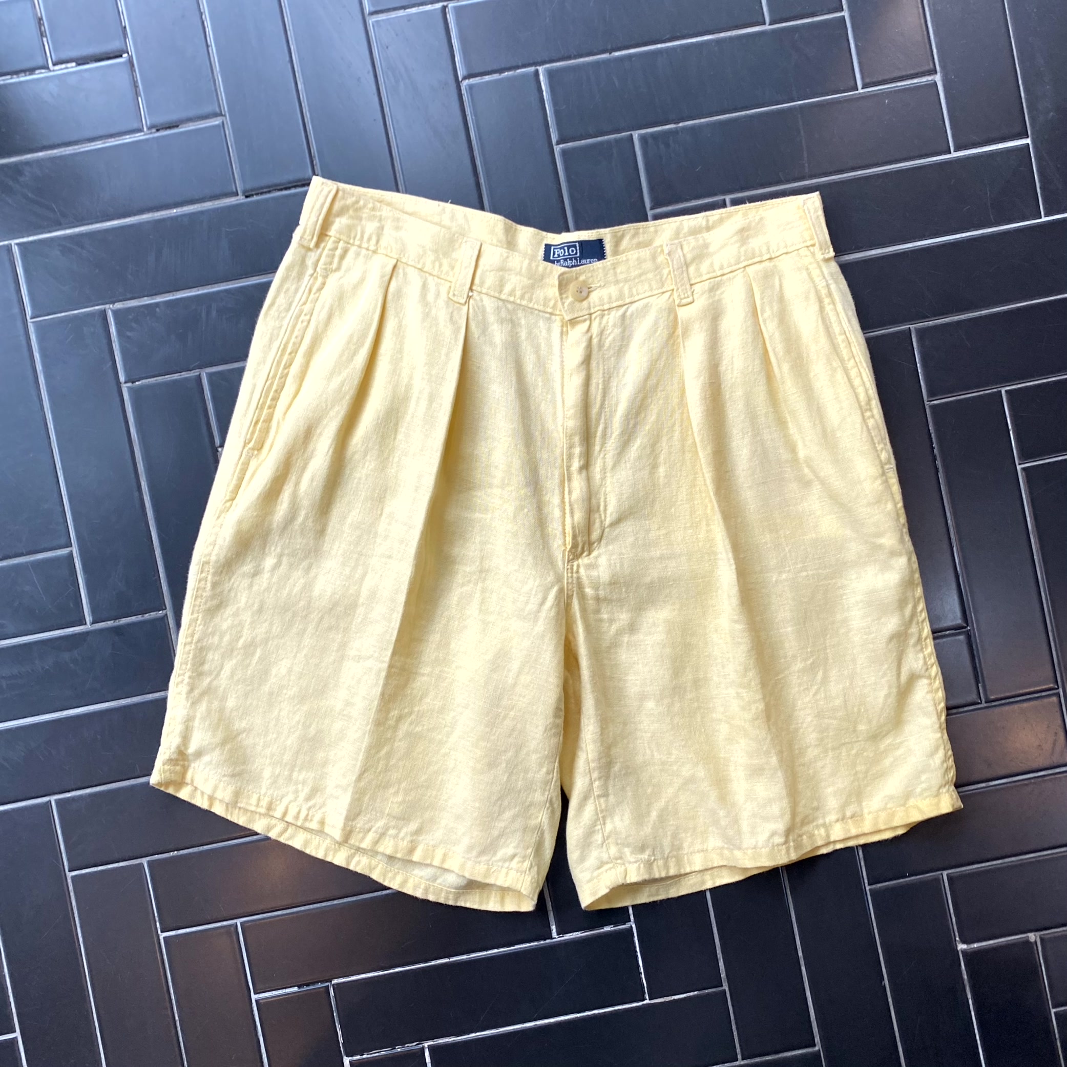 80&#039;s Polo Ralph Lauren Yellow Linen Shorts 32 Size Made In U.S.A. - 체리피커